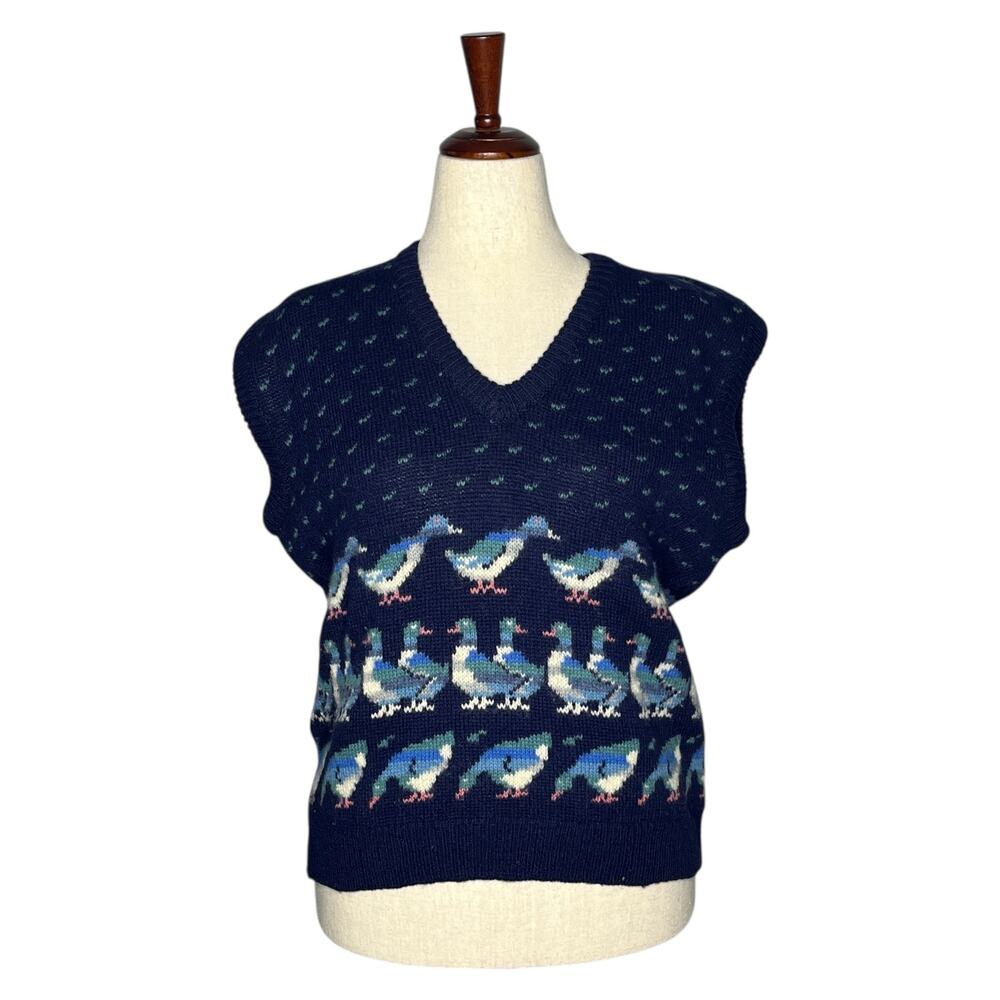 VTG Deans of Scotland Sweater Vest Womens XL Blue Wool Shetland Mallard Duck